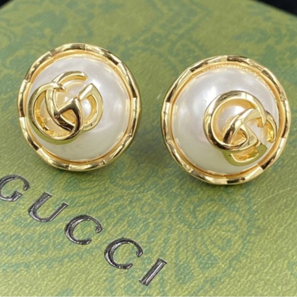 Gucci Gold and White Pearl Logo Earrings